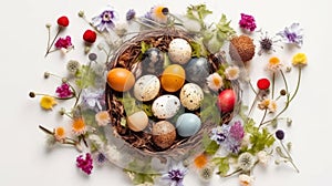 Springtime Delight: Easter Arrangement with Quail Eggs and Flowers
