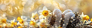 Springtime Delight: Easter Eggs and Daffodils in a Bird Nest Basket - Perfect for Holiday Greetings or Celebration Banners