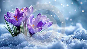 Springtime Delight: Stunning Crocuses Emerge from Snowy Blanket - Copy Space Available