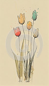 Springtime Delight: Three Stylized Tulips in Vibrant Colors on a Favorite Postcard