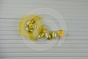 Springtime Easter decoration with yellow nest filled with golden color shiny eggs and fluffy toy chick decorations