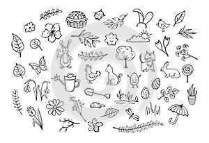 Springtime easter outlined hand drawn simpe childlike doodles