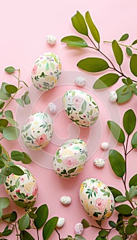 Springtime elegance: floral-patterned easter eggs on pastel background