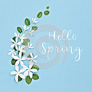 Springtime floral composition on blue background with text Hello Spring