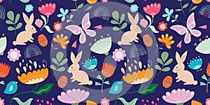 Springtime floral seamless pattern with flowers, butterflies, rabbits and birds