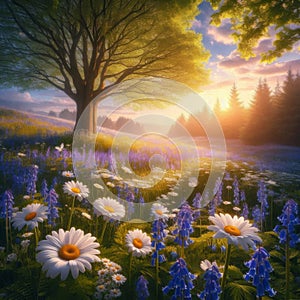 Springtime Flowering Meadow with Chamomile and Bluebells Panorama