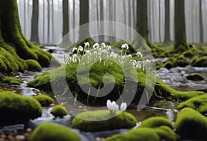 Springtime in forest Moss and snowdrops