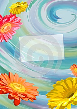 Springtime, fun, bright greeting, background of watercolor stains of blue and green