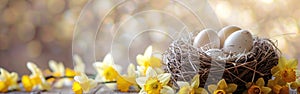 Springtime Greetings: Easter Celebration Banner with White and Yellow Eggs in Bird Nest Basket and Daffodil Flowers