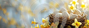 Springtime Greetings: Easter Celebration Banner with White and Yellow Eggs in Bird Nest Basket and Daffodil Flowers