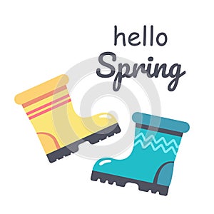 Springtime hand drawn prints design. Pairs of different rubber boots. Happy spring. Vector illustration