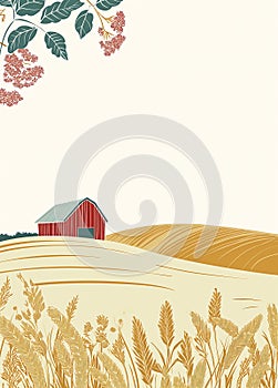 Springtime Harvest: A Rustic Red Barn Illustration with Organic