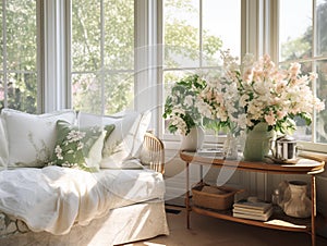 Springtime home decor in white color, spring interior decorations with early flowers, cozy sofa and big windows