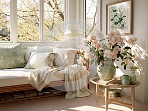 Springtime home decor in white color, spring interior decorations with early flowers, cozy sofa and big windows