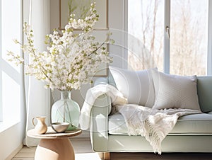 Springtime home decor in white color, spring interior decorations with early flowers, cozy sofa and big windows