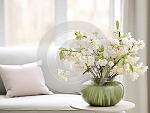 Springtime home decor in white color, spring interior decorations with early flowers, cozy sofa and big windows