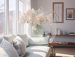 Springtime home decor in white color, spring interior decorations with early flowers, cozy sofa and big windows