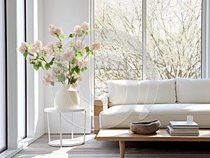 Springtime home decor in white color, spring interior decorations with early flowers, cozy sofa and big windows