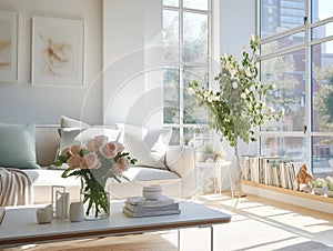 Springtime home decor in white color, spring interior decorations with early flowers, cozy sofa and big windows