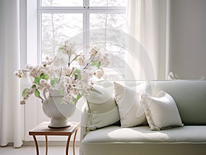 Springtime home decor in white color, spring interior decorations with early flowers, cozy sofa and big windows