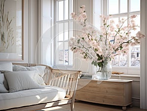 Springtime home decor in white color, spring interior decorations with early flowers, cozy sofa and big windows