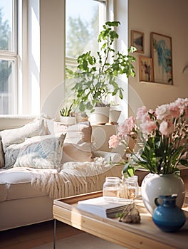 Springtime home decor in white color, spring interior decorations with early flowers, cozy sofa and big windows