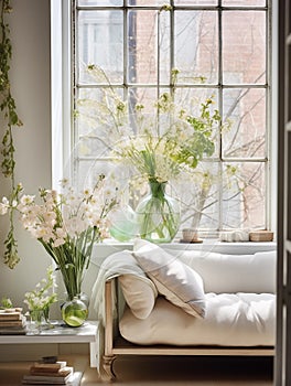 Springtime home decor in white color, spring interior decorations with early flowers, cozy sofa and big windows