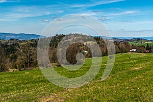 Springtime Javorniky mountains in Slovakia - view from meadows bellow Vrchrieka hill summit