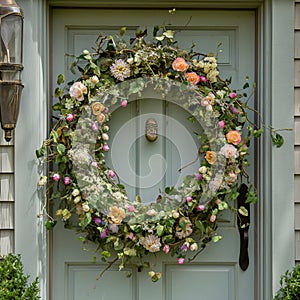 Springtime Joy, Vibrant Floral Wreath on Door, AI Generative