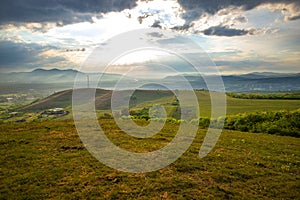 Springtime landscape  in coudy day  ,view from the hill