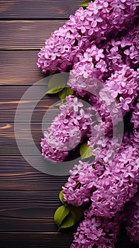 Springtime lilac bouquet atop wooden plank background, blooming with purple elegance
