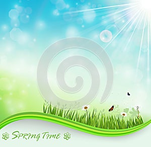 Springtime meadow background with flowers and butterflies
