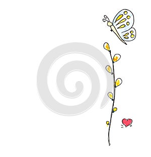 Springtime outlined hand drawn simpe childlike doodles blue butterfly and willow branch and heart watercolor.