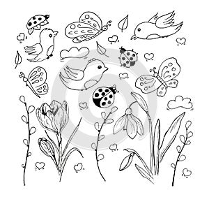 Springtime outlined hand drawn simpe childlike doodles set. Cute cartoon hand drawn doodle illustration