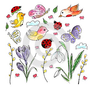 Springtime outlined hand drawn simpe childlike doodles set watercolor. Cute cartoon hand drawn doodle illustration.