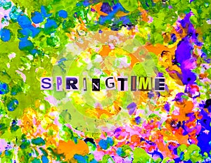 Springtime paper letters cut from magazines, colorful neon paint background