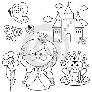 Springtime princess fairy tale illustration set. Vector black and white coloring page