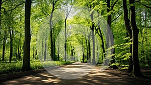 a springtime scene featuring a wooded trail, Trees with young, green foliage, rows of large tree trunks beside sidewalks