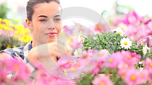 Springtime smiling woman smells the daisies in garden