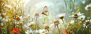 Springtime Sonata: Dreamy Meadow with White Daisies, Impressionist Painter\'s Palette and Butterflies, Depth of Field