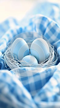 Springtime Splendor: A Nest of Three Eggs on a Blue Checkered Cl