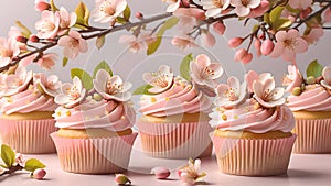Springtime, spring birthday celebartion concept.Cupcakes with sugar flowers. Apple tree blossoms