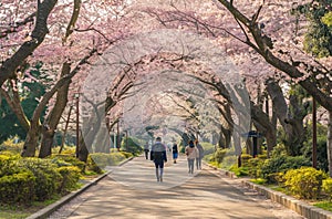 Springtime stroll under sakura trees