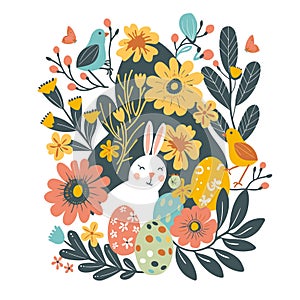 Springtime vector illustration of flowers, Easter rabbits with birds and plants, minimalist styled florals, spring