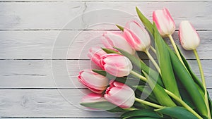 Springtime vibes with pink tulips on wooden background for Easter
