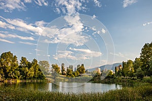 Springtime view of the lake in the residential district of Drujba in Sofia city