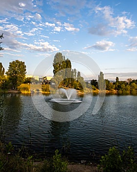 Springtime view of the lake in the residential district of Drujba in Sofia city