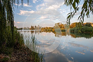 Springtime view of the lake in the residential district of Drujba in Sofia city