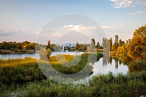 Springtime view of the lake in the residential district of Drujba in Sofia city