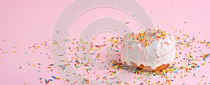 Sprinkle pink donut. on a pink background with space for design. Banner